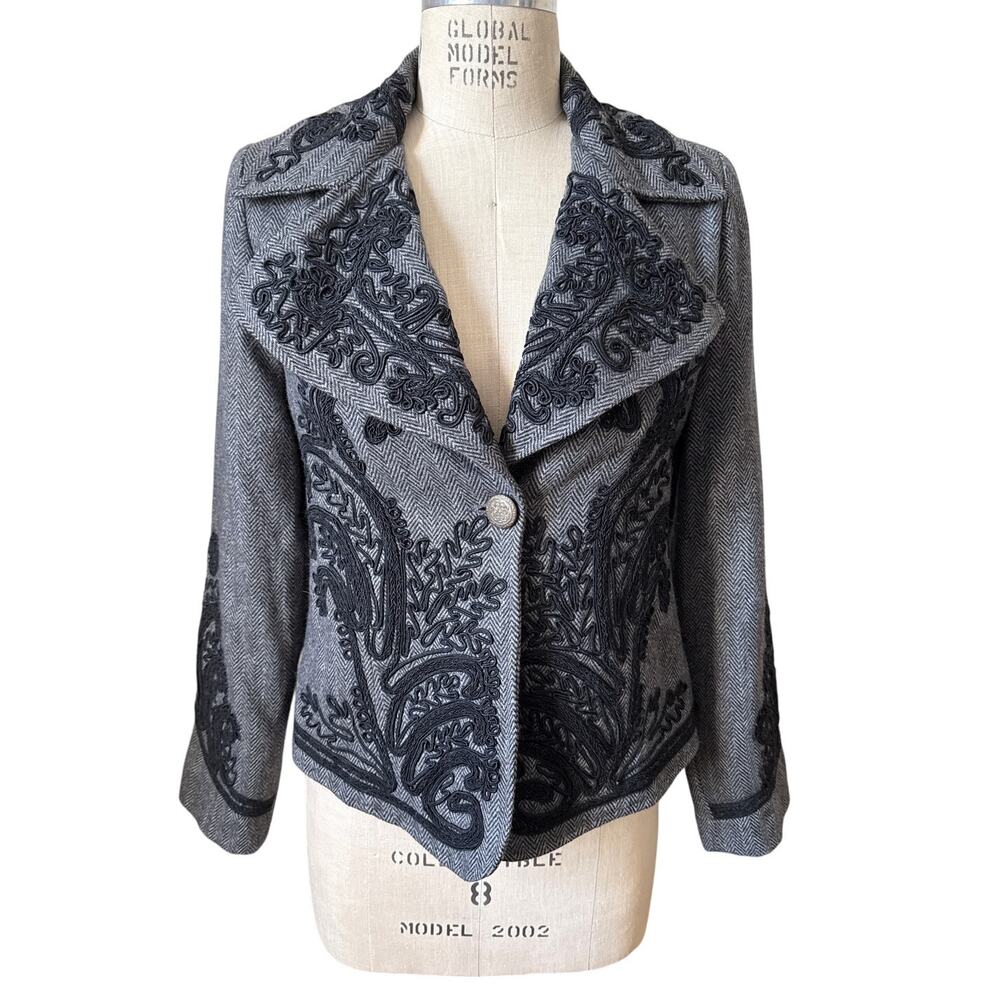 Soft Surroundings Wool Blend Jacket Gray Herringbone Embroidered Size Small